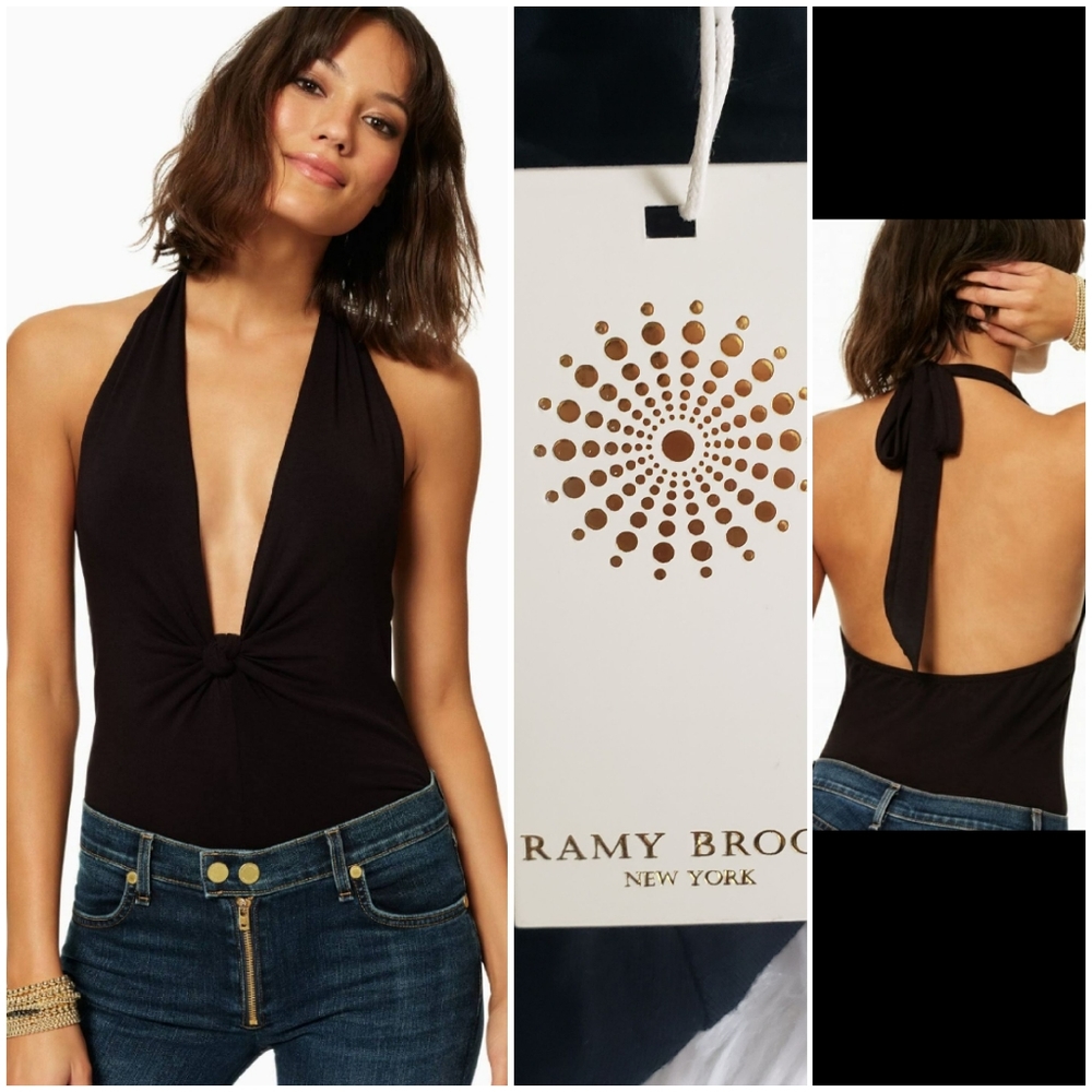 NWT Ramy Brook Bodysuit XXS Black Top Soft Stretchy Halter Tank Luxury Capsule